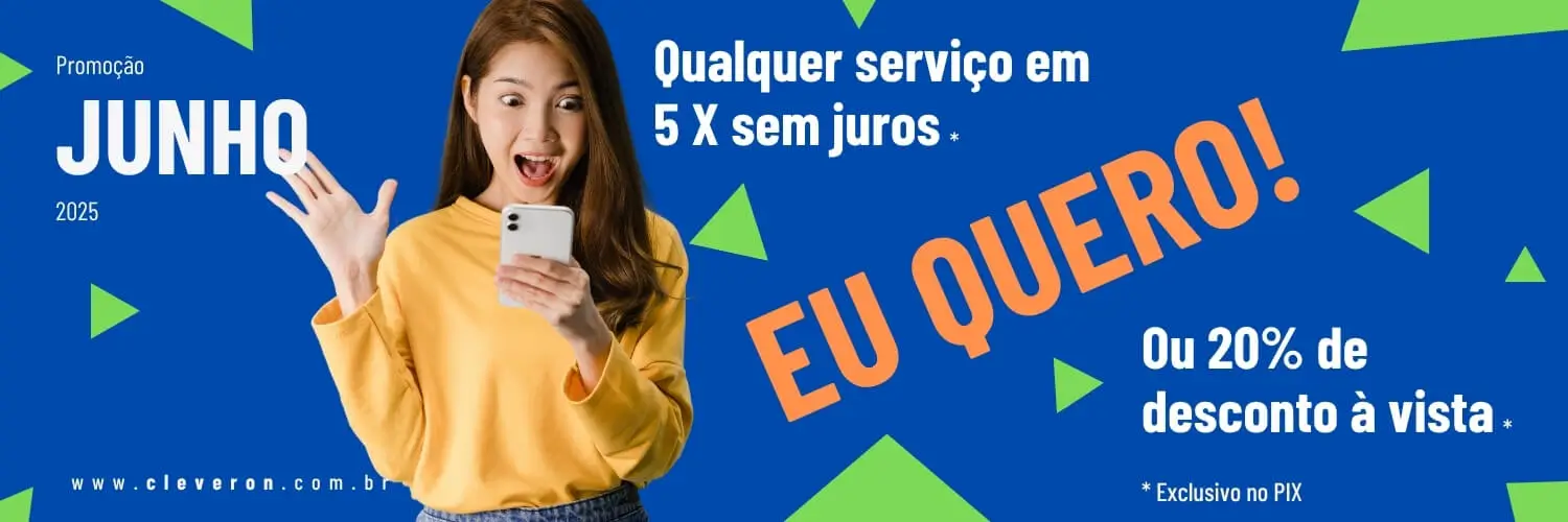 Banner da promoção de junho de 2025 - Qualquer serviço em 5 X sem juros ou 20% de desconto à vista - Exclusivo no PIX